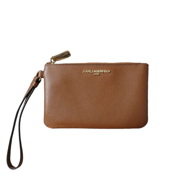 Vintage Karl Lagerfeld Brown Pebbled Leather Wristlet - Picture 1 of 8